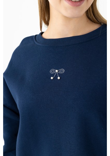 Kadın Bisiklet Yaka Fiyonk Detaylı 3ip Sweatshirt Lacivert - 264420 modelleri