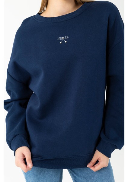 Kadın Bisiklet Yaka Fiyonk Detaylı 3ip Sweatshirt Lacivert - 264420 fırsatları