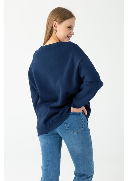 Kadın Bisiklet Yaka Fiyonk Detaylı 3ip Sweatshirt Lacivert - 264420 indirimleri