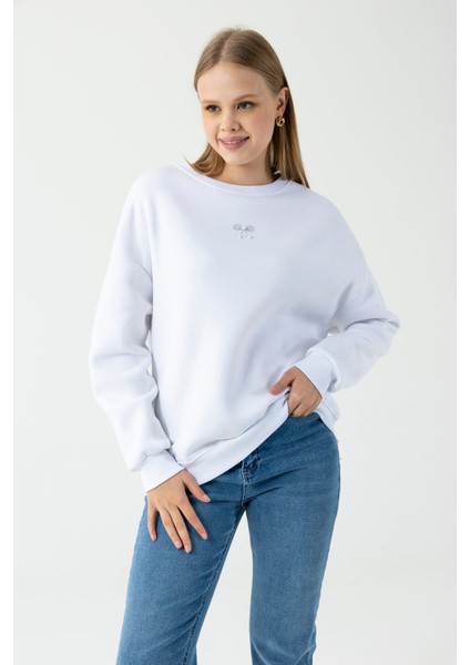Kadın Bisiklet Yaka Fiyonk Detaylı 3ip Sweatshirt Beyaz - 264420