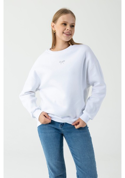 Kadın Bisiklet Yaka Fiyonk Detaylı 3ip Sweatshirt Beyaz - 264420 fiyatları