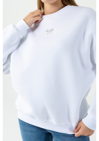 Kadın Bisiklet Yaka Fiyonk Detaylı 3ip Sweatshirt Beyaz - 264420 fırsatları
