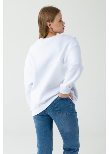 Kadın Bisiklet Yaka Fiyonk Detaylı 3ip Sweatshirt Beyaz - 264420 indirimleri