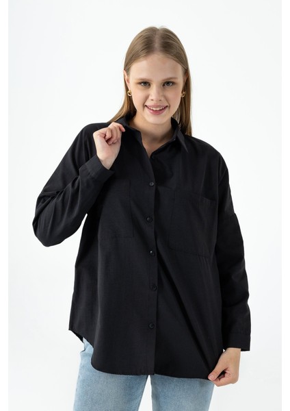 Kadın Çift Cepli Uzun Kollu Basic Gömlek Siyah - 26K 2013