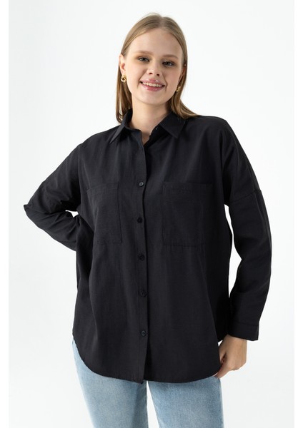 Kadın Çift Cepli Uzun Kollu Basic Gömlek Siyah - 26K 2013 modelleri