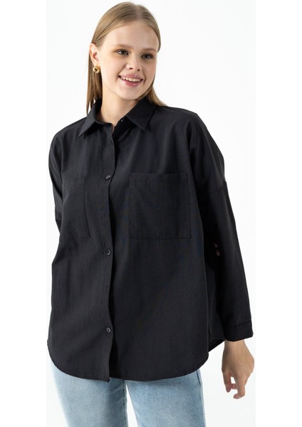Kadın Çift Cepli Uzun Kollu Basic Gömlek Siyah - 26K 2013 fırsatları
