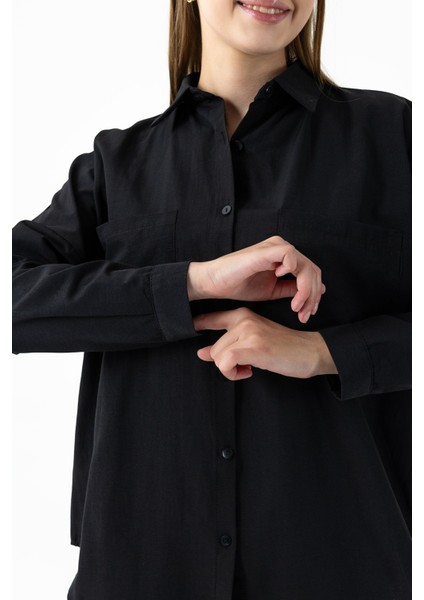 Kadın Çift Cepli Uzun Kollu Basic Gömlek Siyah - 26K 2013