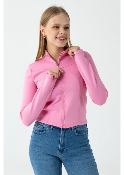Kadın Dik Yaka Parmak Geçirmeli Fermuarlı Sweatshirt Pembe - 26K 2537