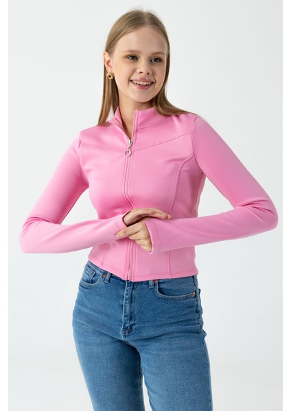 Kadın Dik Yaka Parmak Geçirmeli Fermuarlı Sweatshirt Pembe - 26K 2537 fiyatları