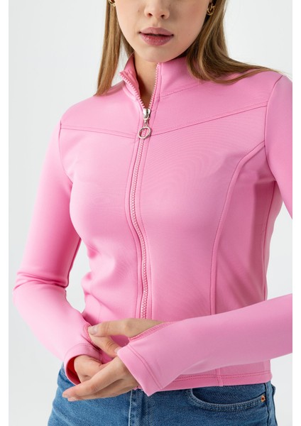 Kadın Dik Yaka Parmak Geçirmeli Fermuarlı Sweatshirt Pembe - 26K 2537 fırsatları