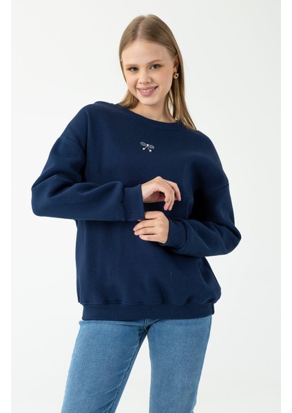 Kadın Bisiklet Yaka Fiyonk Detaylı 3ip Sweatshirt Lacivert - 264420