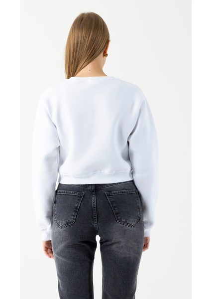 Kadın Bisiklet Yaka Fiyonk Nakışlı Crop Sweatshirt Beyaz - 264423 indirimleri