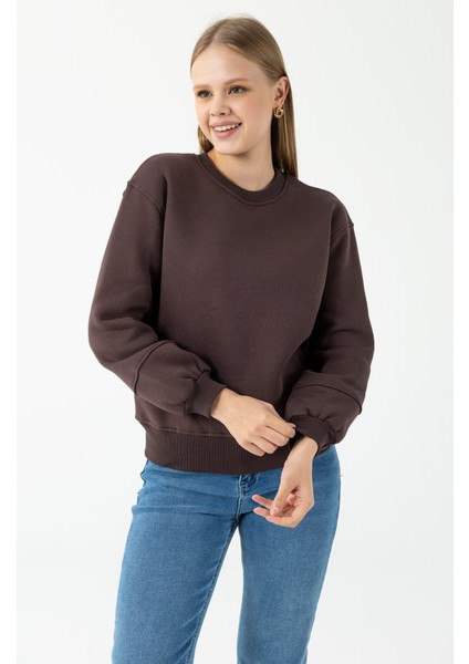 Kadın Bisiklet Yaka Kol Parçalı 3ip Şardonlu Sweatshirt Kahverengi - 2513