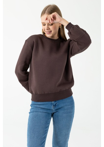 Kadın Bisiklet Yaka Kol Parçalı 3ip Şardonlu Sweatshirt Kahverengi - 2513 fırsatları