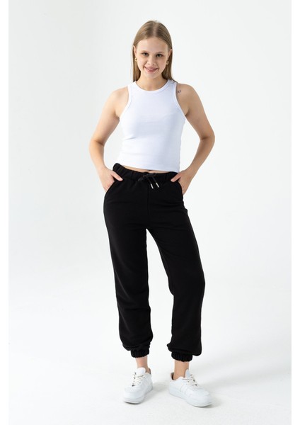 Kadın Beli Ayarlanabilir Paçası Lastikli 3ip Eşofman Alt Siyah - MW0000186