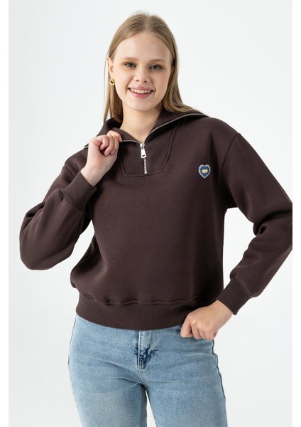 Kadın Yarım Fermuarlı Taşlı Kalp Nakışlı 3ip Sweatshirt Kahverengi - 2665