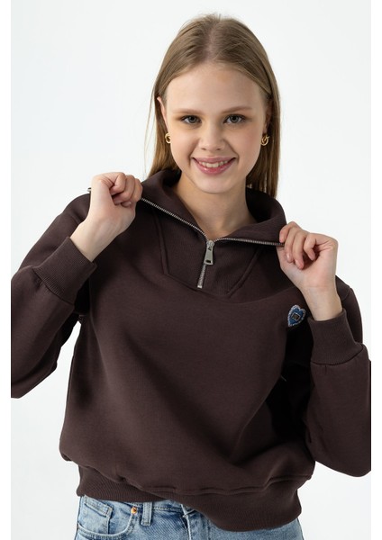 Kadın Yarım Fermuarlı Taşlı Kalp Nakışlı 3ip Sweatshirt Kahverengi - 2665 modelleri