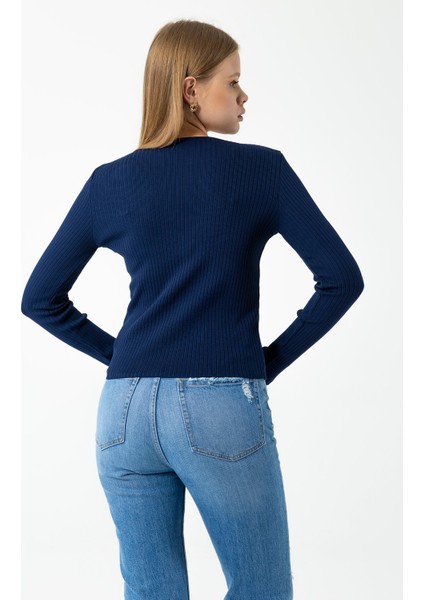 Kadın Bisiklet Yaka Fitilli Basic Triko Body Lacivert - 25K 2060 indirimleri