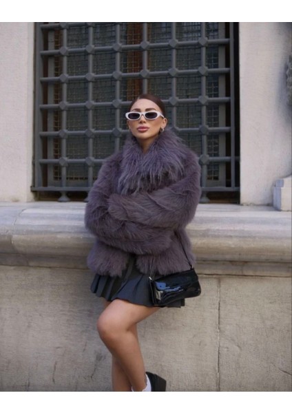 Monsi Kadın Salaş Sakallı Yumuşak Dokulu Yakalı Cepli Suni Kürk - Füme