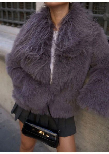 Monsi Kadın Salaş Sakallı Yumuşak Dokulu Yakalı Cepli Suni Kürk - Füme indirimleri