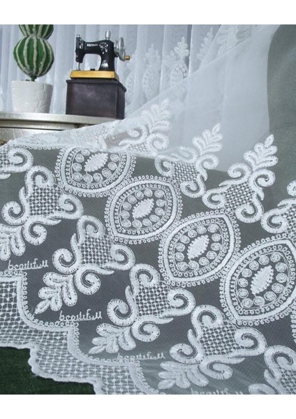 Salon Tül Perde Desenli Nakışlı Işlemeli Güpürlü Ekru Kırık Beyaz 1 / 3 Sık Pileli Ütü Istemez Fon, modelleri