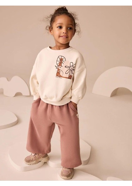 Kız Çocuk Pamuklu Ekru Baskılı Sweatshirt ve Gül Kurusu Eşofman Takım - Rahat Kalıp