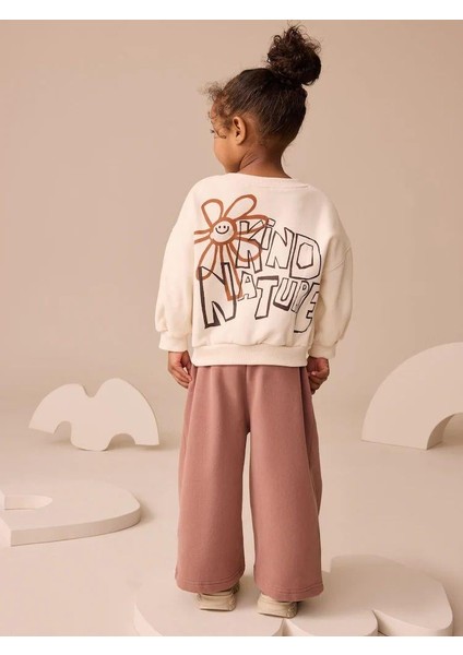 Kız Çocuk Pamuklu Ekru Baskılı Sweatshirt ve Gül Kurusu Eşofman Takım - Rahat Kalıp fiyatları