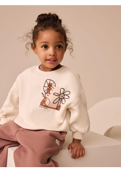 Kız Çocuk Pamuklu Ekru Baskılı Sweatshirt ve Gül Kurusu Eşofman Takım - Rahat Kalıp modelleri