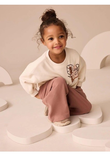 Kız Çocuk Pamuklu Ekru Baskılı Sweatshirt ve Gül Kurusu Eşofman Takım - Rahat Kalıp fırsatları