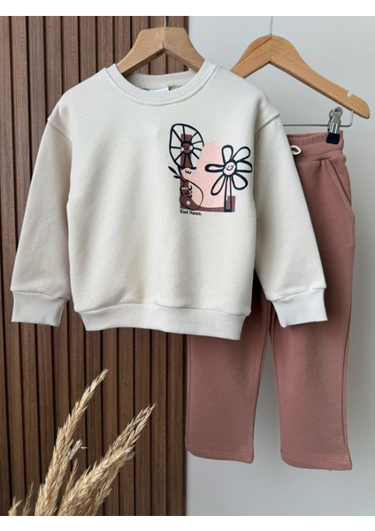 Kız Çocuk Pamuklu Ekru Baskılı Sweatshirt ve Gül Kurusu Eşofman Takım - Rahat Kalıp indirimleri