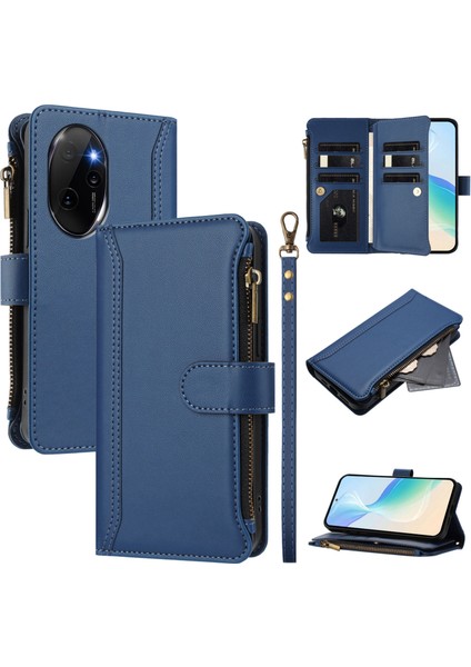Honor 100 Pro Için Eabhulie Kılıfı, Kart Tutuculu Fermuarlı Cüzdanlı Deri Kapaklı Kılıf-Mavi (Yurt Dışından)