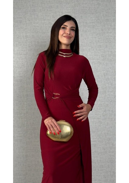 Kadın Balıkçı Yaka Toka Detay Sandy Kumaş Midi Boy Elbise