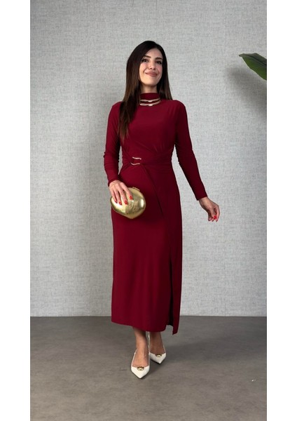 Kadın Balıkçı Yaka Toka Detay Sandy Kumaş Midi Boy Elbise fırsatları