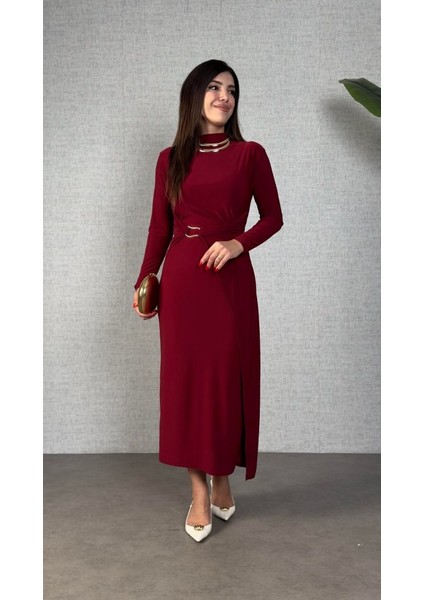 Kadın Balıkçı Yaka Toka Detay Sandy Kumaş Midi Boy Elbise