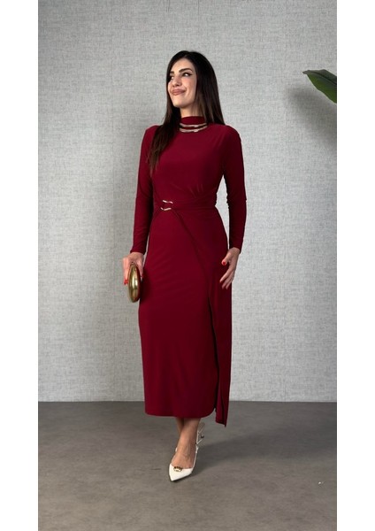 Kadın Balıkçı Yaka Toka Detay Sandy Kumaş Midi Boy Elbise