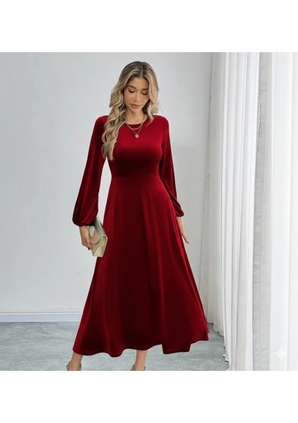 Kadın Uzun Kollu Bisiklet Yaka Midi Kadife Elbise modelleri