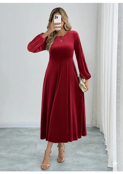Kadın Uzun Kollu Bisiklet Yaka Midi Kadife Elbise fırsatları
