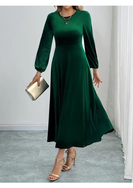 Eyesof Kadın Uzun Kollu Bisiklet Yaka Midi Kadife Elbise indirimleri