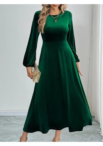 Eyesof Kadın Uzun Kollu Bisiklet Yaka Midi Kadife Elbise