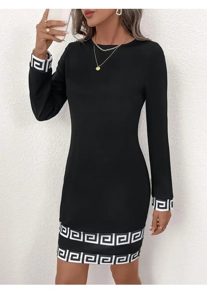 Kadın Uzun Kollu Bisiklet Yaka Mini Ithal Krep Elbise