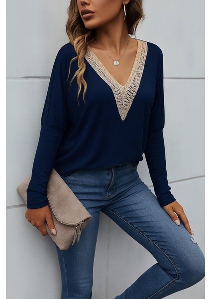 Aknbutik Kadın Uzun Kollu V Yakalı Yarasa Kollu Viskon Bluz fiyatları
