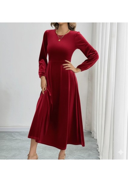 Kadın Uzun Kollu Bisiklet Yaka Midi Kadife Elbise indirimleri
