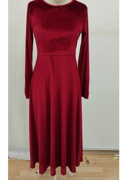Kadın Uzun Kollu Bisiklet Yaka Midi Kadife Elbise