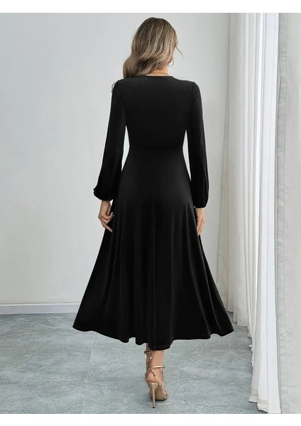 Eyesof Kadın Uzun Kollu Bisiklet Yaka Midi Kadife Elbise modelleri