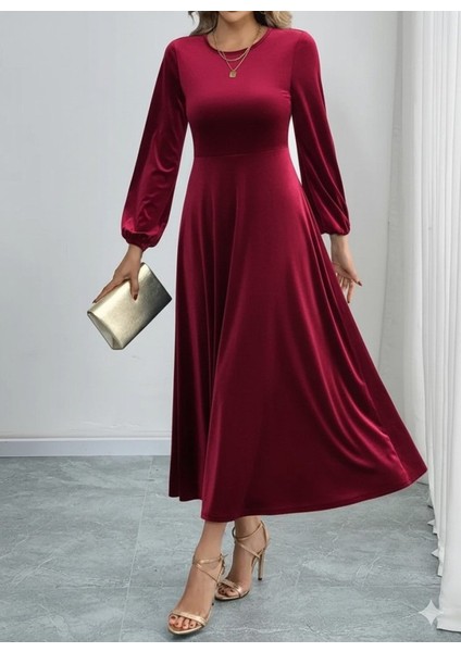 Kadın Uzun Kollu Bisiklet Yaka Midi Kadife Elbise fiyatları