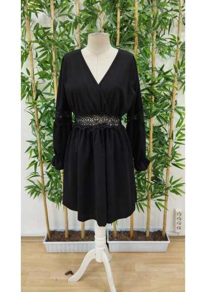 Kadın Uzun Kollu Kruvaze Yakalı Dantelli Fermuar Detaylı Kısa Ithal Krep Elbise