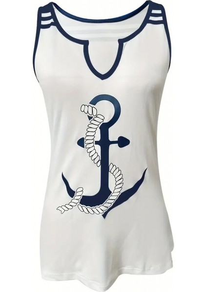 Kadın Kalp Yaka Çıpa Baskılı Süprem Bluz