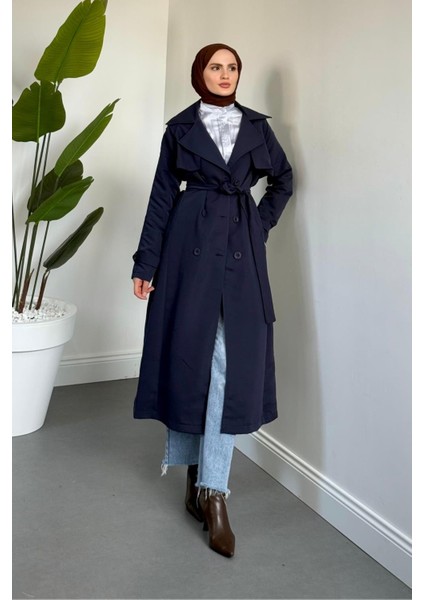 Mivora Astarlı Gabardin Trençkot Lacivert
