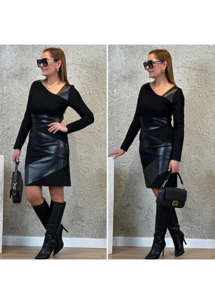 Kadın Uzun Kollu Asimetrik Yaka Süet ve Deri Mini Boy Elbise modelleri