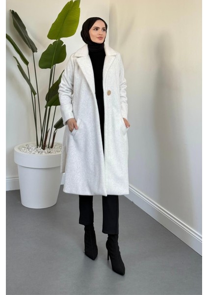 Fringe Astarlı Kaşmir Kaşe Kaban Krem